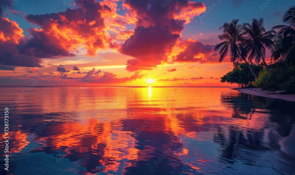 Serene scene: colorful sky reflected on a tropical beach.