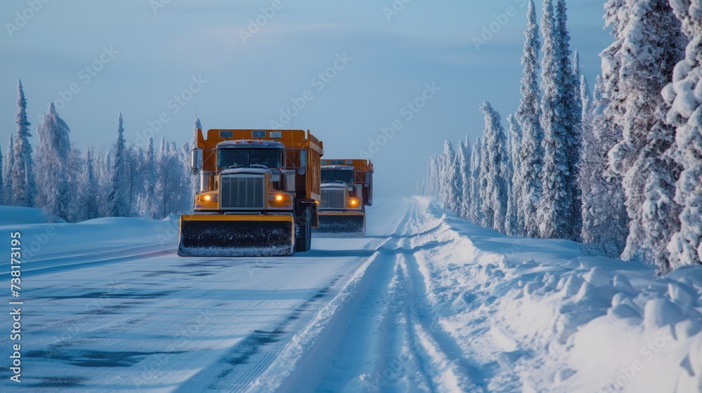 Snowplows clearing snow on the road