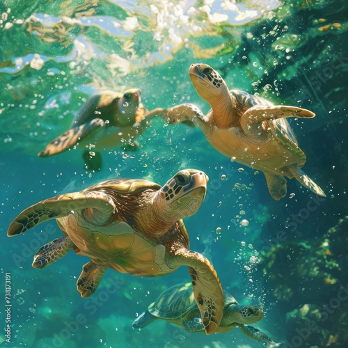 Turtles gracefully moving through submerged waters. Trandy 