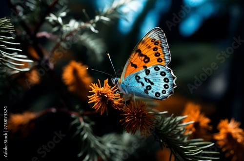 A delicate butterfly gracefully perches on a vibrant flower, its presence adding a touch of holiday cheer to the outdoor scene