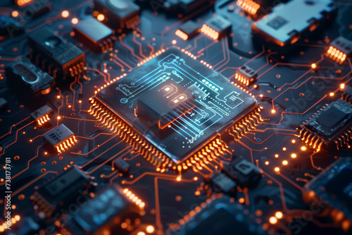 A close up of a circuit board with a cpu in the middle