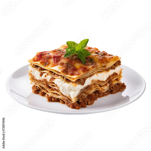 Lasagna on a plate isolated on transparent background