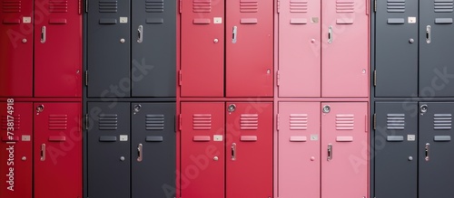 Contemporary school lockers in shades of red, pink, and gray.