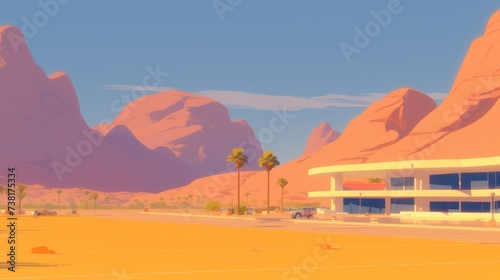 Desert landscape with mountains  palm trees  and a modern building. Shows the concept of nature  travel  or adventure.