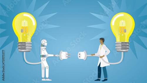 AI robot and man connecting their ideas. Teamwork with artificial intelligens. Dimension 16:9. Vector illustration. photo