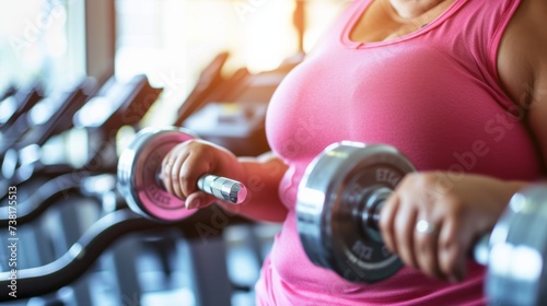 Close up overweight mature elderly middle aged woman in the gym preparing to play sports  the concept of an active life in old age  taking care of the body and building a relationship with weight