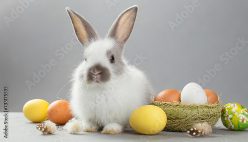 Easter Bunny Rabbit with Eggs on a Gray Background