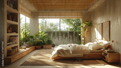 Sunny bedroom decor inspired by nature's hues, bringing outdoors inside for tranquility. © Emiliia