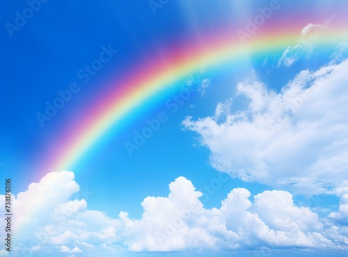 Rainbow in the blue sky with white clouds and rainbow.