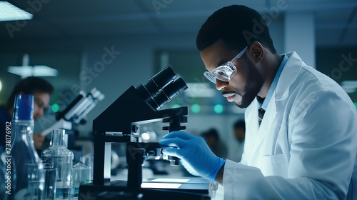 African scientist, medical worker, tech or graduate student works in modern biological laboratory photo
