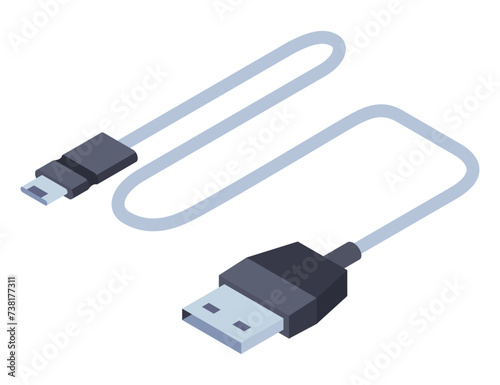 Charger isometric icon. USB socket plug in. Mobile phone charger, charging equipment. Vector illustration for web design isolated on white background