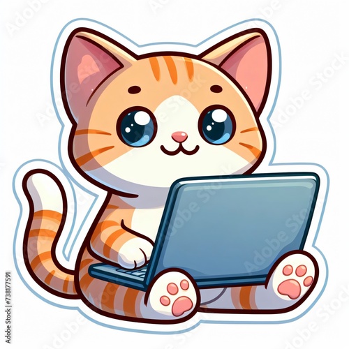 illustrated cute cartoon cat with laptop sticker with white background photo