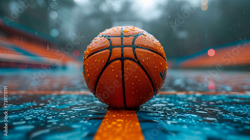 rain in Basketball game sport arena stadium court on spotlight with basketball on floor, Ball on basketball court with ball, Basketball arena, Generative AI