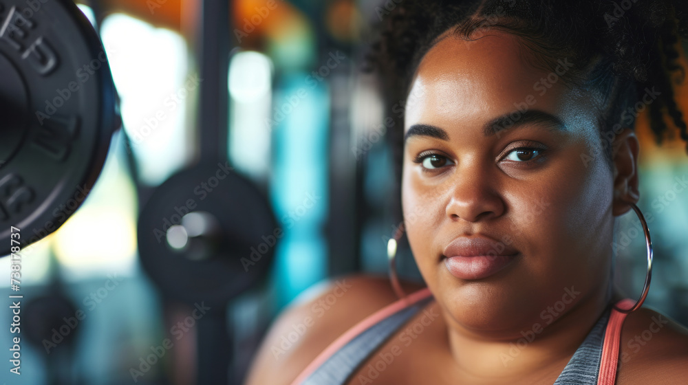An overweight afro american young woman stands with her back in the gym preparing to play sports, the concept of an active life in old age, taking care of the body An overweight afro american young woman stands with her back in the gym preparing to play sports, the concept of an active life in old age, taking care of the body