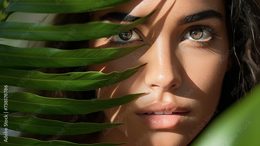 Close up face of beautiful young woman covering her face by green ...