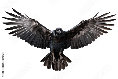 Majestic Black Bird With Spread Wings. A black bird stretches its wings wide, showcasing its stunning and powerful form.