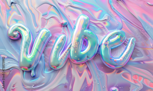 vibe spelled out in a holographic liquid font against a pastel liquid swirl background