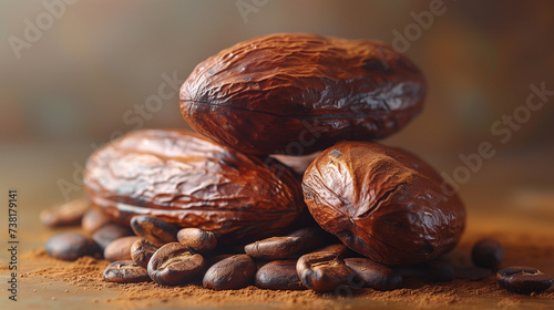 a pile of cocoa beans and nuts on a wooden table