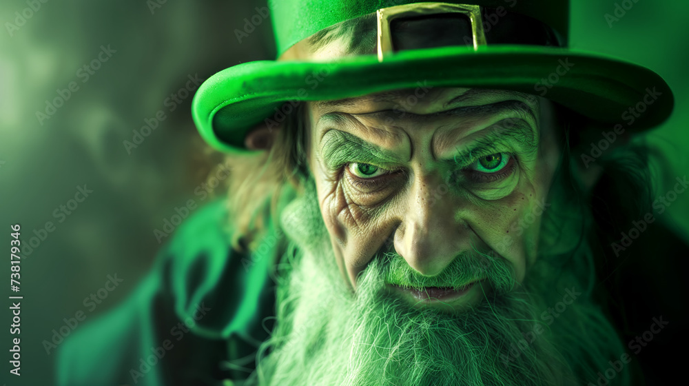 Intense leprechaun with furrowed brow, wearing green top hat, giving a sly smile, embodying intrigue of Saint Patrick's Day Intense leprechaun with furrowed brow, wearing green top hat, giving a sly smile, embodying intrigue of Saint Patrick's Day