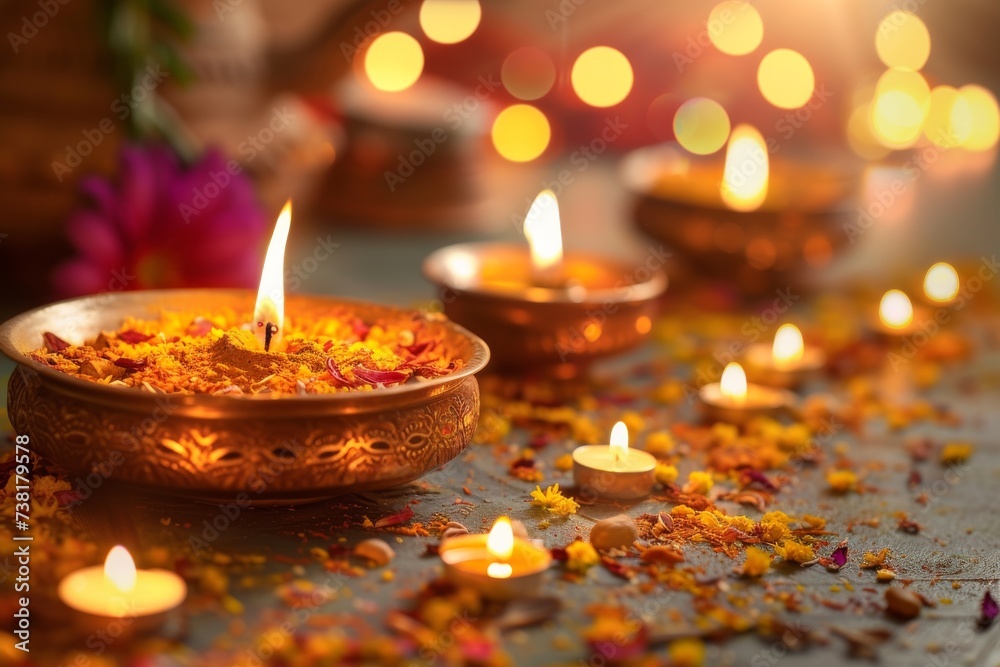 Indian bowls with candles on blurred background. Photography with copy space. Celebration, religion, spiritual concept. For banner, social network, blog, advertisement.
