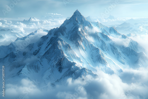 Snow-covered mountain peaks piercing through clouds in a majestic display. Generative Ai.