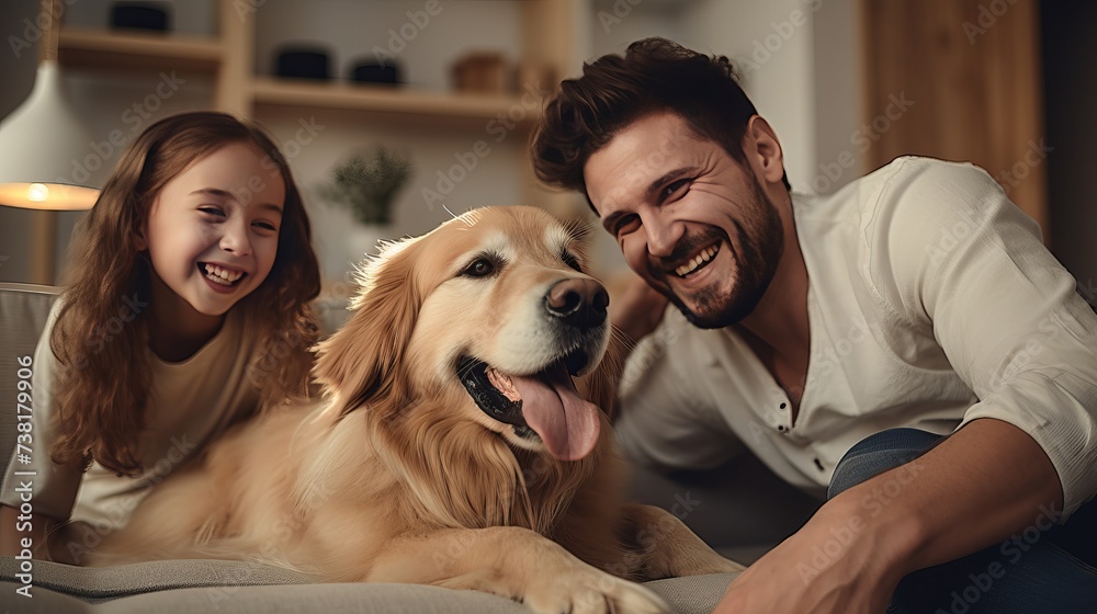 Family laugh, home and dog with child, mom and dad in living room with ...