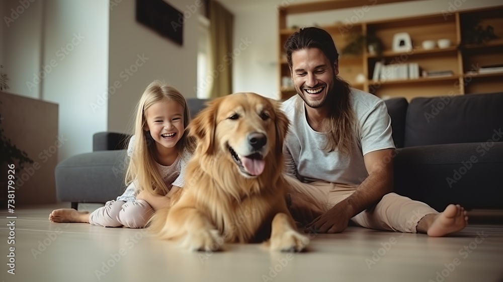 Family laugh, home and dog with child, mom and dad in living room with ...