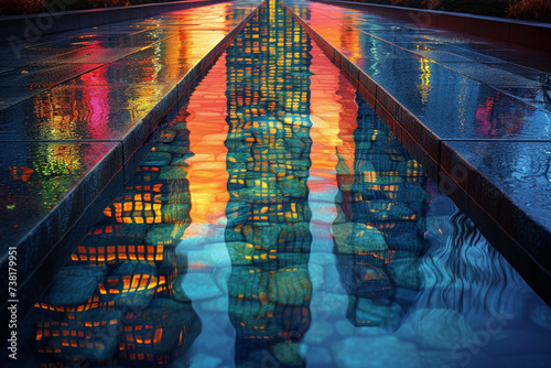 The reflection of a modern skyscraper in a tranquil water feature. Generative Ai.