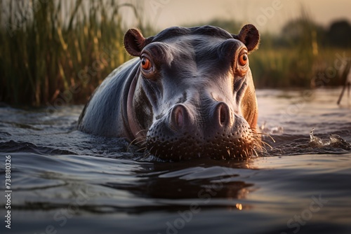Wildlife photography of a hippopotamus swimming in water in a pond
