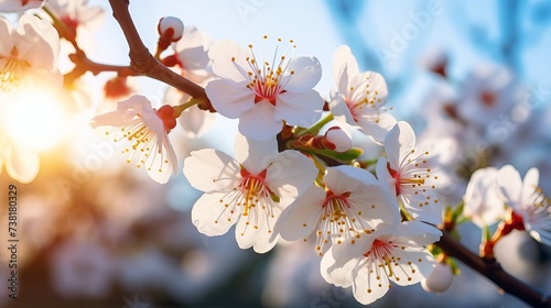 Flowers of the almond tree on a sunny days. Beautiful nature scene with blooming tree. Spring flowers. Beautiful Orchard. Springtime photo