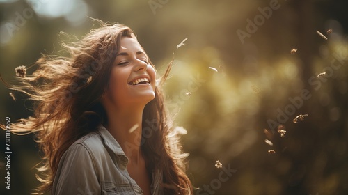 Free woman breathing clean air in nature forest. Happy girl from the back with open arms in happiness. Fresh outdoor woods, wellness healthy lifestyle concept