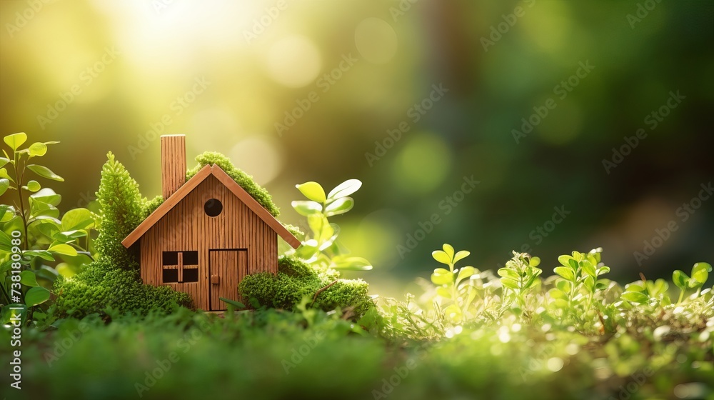 Green and environmentally friendly housing concept. Miniature wooden house in spring grass, moss and ferns on a sunny day. Eco house Green and environmentally friendly housing concept. Miniature wooden house in spring grass, moss and ferns on a sunny day. Eco house