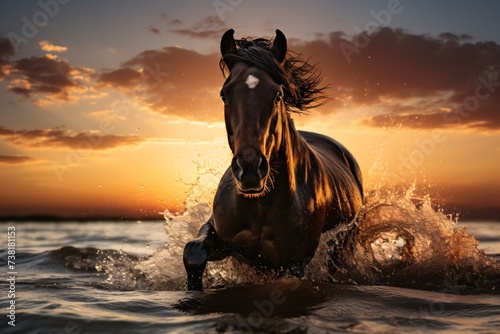 Wildlife photography of a brown horse running in the water photo
