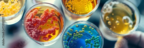 Bacterial culture, laboratory view. Microbiology closeup macro photography. Medical research, microbiology and science concept. Background for banner, flyer, advertising, social networks, news. photo