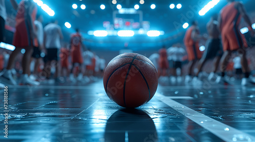 Basketball game sport arena stadium court on spotlight with basket ball on floor, Ball on basketball court with ball, Basketball arena, Generative AI