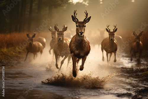 Wildlife photography of a deer running in the water © Tarun