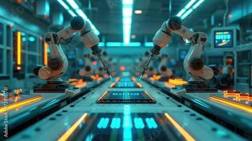 Robotic arms operating on a production line in a high-tech manufacturing facility, showcasing advanced automation and precision engineering.
