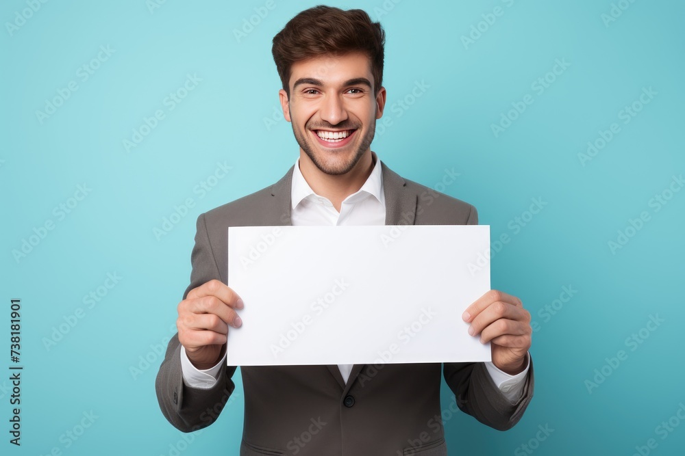 A cheerful young businessman in a gray suit presenting a blank white sign, ideal for advertising messages, against a light blue background. A cheerful young businessman in a gray suit presenting a blank white sign, ideal for advertising messages, against a light blue background.