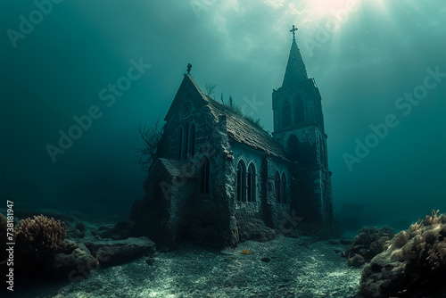 Old Church underwater, lost place on the ground of a sea or lake. Underwater Photography 