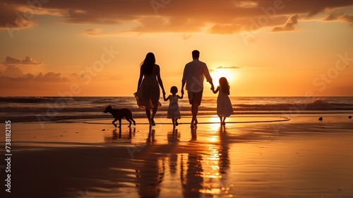 Happy family travel on beach in holiday,Summer vacations. Happy family are having fun on a tropical beach in sunset. Father and mother and children playing together outdoor on beach