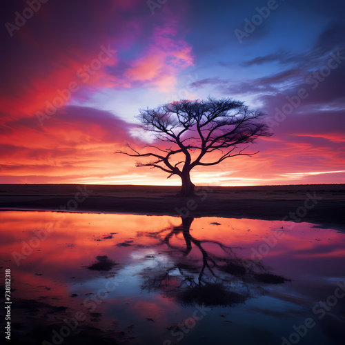 Dramatic silhouette of a lone tree against a colorful sunset.
