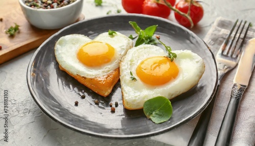 Heart-shaped fried eggs on plate