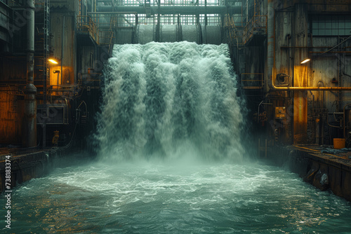 The rigid structures of an industrial area contrasting with the fluidity of a waterfall  capturing the stark differences between human engineering and the raw power of nature. Generative Ai.