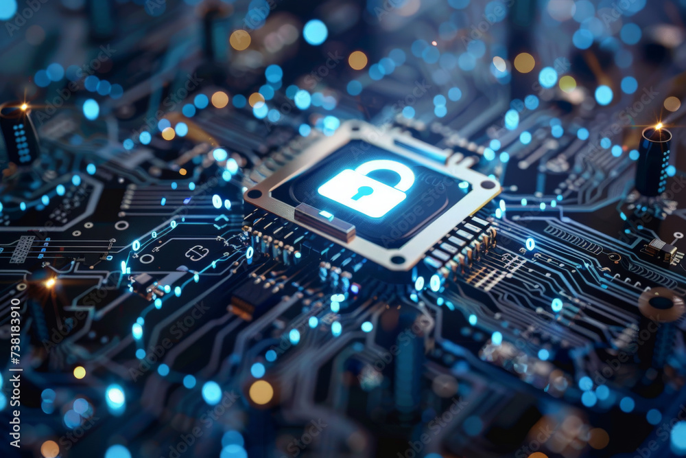 A computer chip with a padlock on it A computer chip with a padlock on it