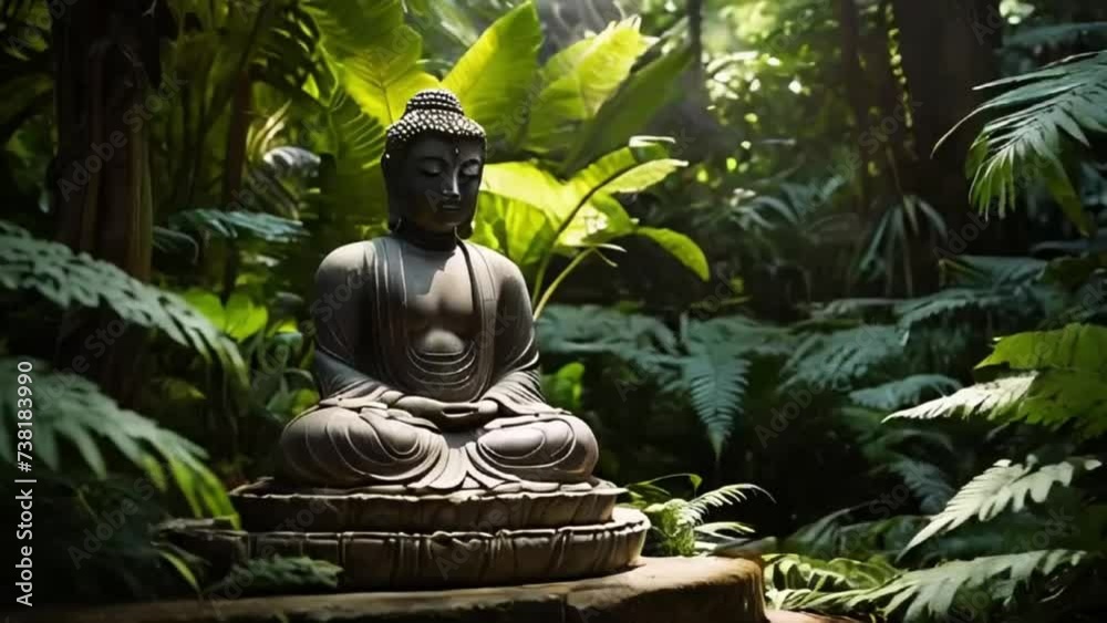 Statue of Buddha in a wild jungle cinematic slow motion video Statue of Buddha in a wild jungle cinematic slow motion video