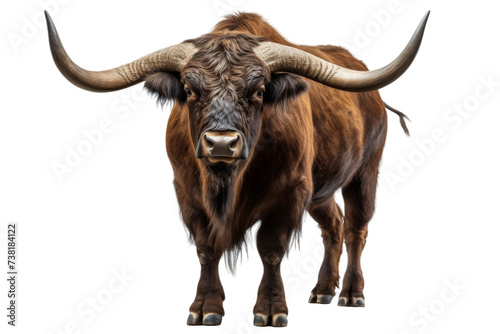 Majestic Bull With Large Horns. A powerful bull with impressive horns stands confidently in front of a plain Transparent backdrop.