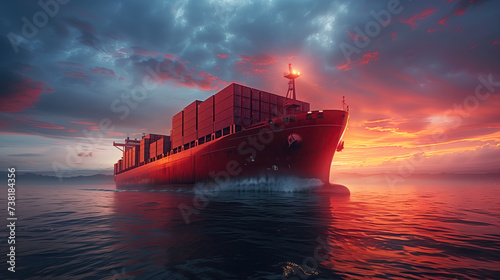 A cargo container ship sea freight carrying container and running for export goods from cargo yard port to custom ocean. The concept technology transportation 