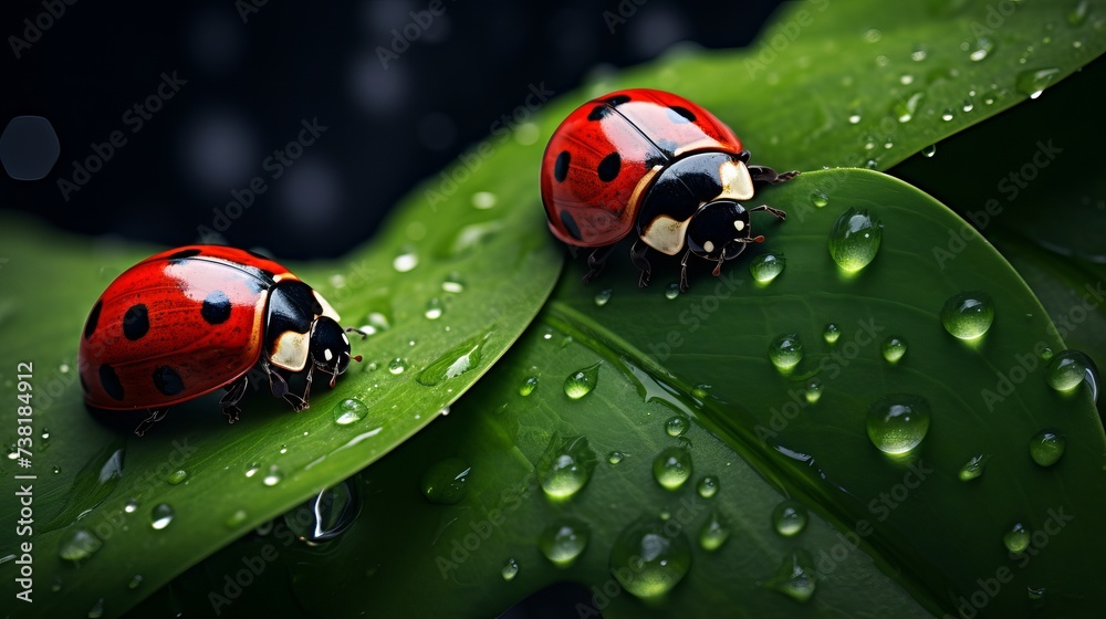 Natural background from rainy season. Three ladybugs with umbrella walking on the grass Natural background from rainy season. Three ladybugs with umbrella walking on the grass