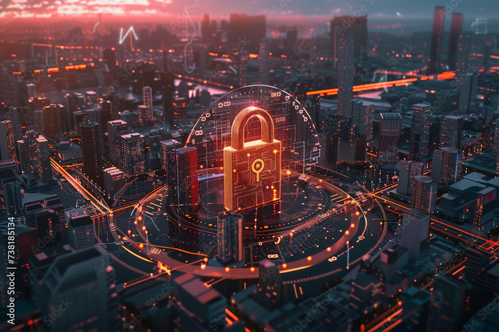 A digital image of a city with a padlock in the middle