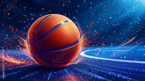 Basketball court, Sport arena, Professional basketball court arena background, a flaming basketball, energy around, Vector illustration of a basketball,  generative ai © Azmee